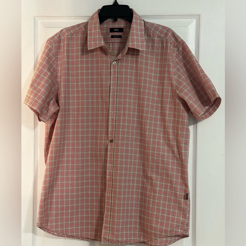 Hugo Boss Mens Regular Fit Shirt Red Plaid - Size 2XL
